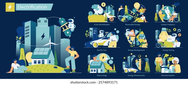 Electrification set. Transition to renewable energy sources with AI, electric cars, and energy-saving practices. Vector illustration.