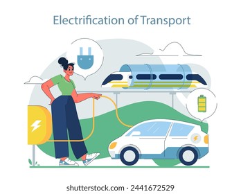 Electrification of Transport concept. Electric vehicle charging with high-speed train in background. Shift to sustainable energy in urban commute.