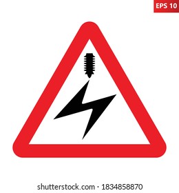 Electrified Overhead Cable Ahead Road Sign. Vector Illustration Of Red Triangular Traffic Warning Sign With Lightning And Electric Power Icon Inside. Caution Low Electric Cables Risk Of Electric Shock