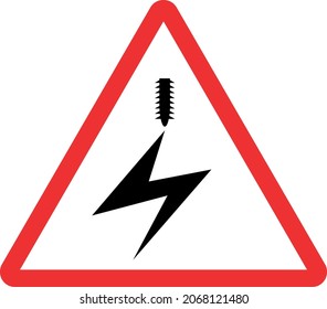 Electrified overhead cable warning sign. Red triangle background. Electrical safety signs and symbols.