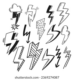 Electrify Your Designs With Lightning Icons Set. Dynamic Collection Featuring Linear Striking Bolts And Flashes, Perfect For Adding A Powerful And Energetic Touch To Projects. Vector Illustration