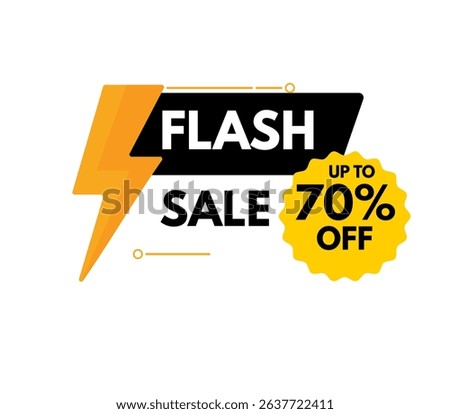 Electrifying "Flash Sale" banner with a dynamic lightning bolt, promoting an incredible up to 70% off discount. Perfect for high-impact e-commerce campaigns and enticing customers.