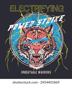 Electrifying lightning bolts tiger grunge effect vintage illustration with captivating slogans placement print t-shirt graphic vector artwork