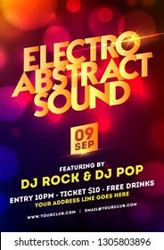 Electro abstract sound party template design with bokeh effect.