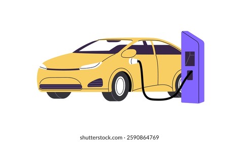 Electro automobile refuels accumulator with electricity on charging station. Electric car recharges on charger. Modern transport is on sustainable energy. Flat isolated vector illustration on white