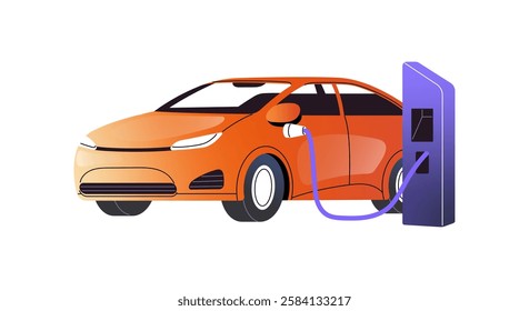 Electro automobile refuels with electricity on charging station. Electric car recharges with sustainable energy, eco fuel on auto charger. Modern transport. Flat isolated vector illustration on white