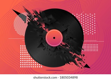 Electro banner poster with vinyl record. Night club vector background. Music festival flyer template with abstract element.