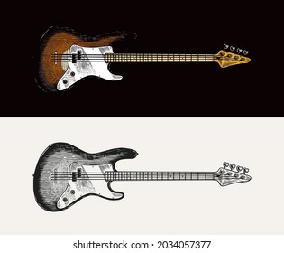 Electro bass guitar in monochrome engraved vintage style. Hand drawn sketch for Rock festival or blues and ragtime poster or t-shirt. Musical jazz classical stringed instrument.