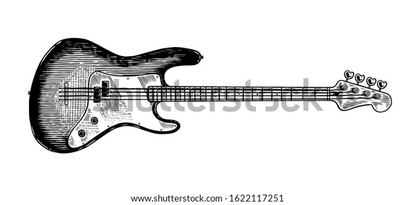 Electro bass guitar\
in monochrome engraved vintage style. Hand drawn sketch for Rock\
festival or blues and ragtime poster or t-shirt. Musical jazz\
classical stringed instrument.\
