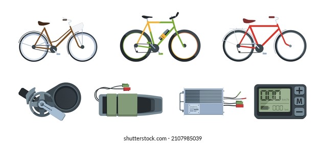 Electro bike. Eco urban transport moving from electricity bicycle equipment wheels motor gears pedals engine garish vector flat illustration