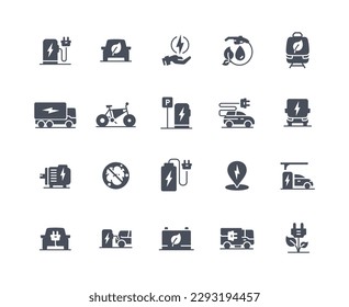 Electro car black icons set. Reducing hazardous waste and CO2 emissions into Earth atmosphere. Refusal from gas and gasoline, oil. Cartoon flat vector illustrations isolated on white background