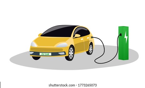 An electro car is charging from a charging station isolated on a white background. Ecological sources of energy. Vector