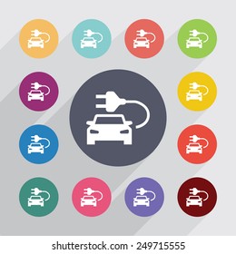 electro car circle, flat icons set. Round colorful buttons 