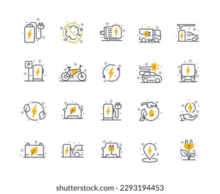 Electro car color icons set. Caring for nature, environment and reducing CO2 emissions into atmosphere. Refusal of gas and gasoline. Cartoon flat vector illustrations isolated on white background