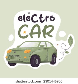 Electro car eco badge. Vector illustration isolated on gray background. Ecology and clean air sticker template. Environment protection, green agenda, save Earth concept.
