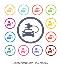 electro car flat icons set. Open colorful buttons 