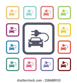 electro car flat icons set. Open colorful buttons 