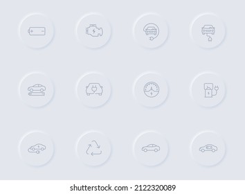 electro car gray vector icons on round rubber buttons. electro car icon set for web, mobile apps, ui design and promo business polygraphy