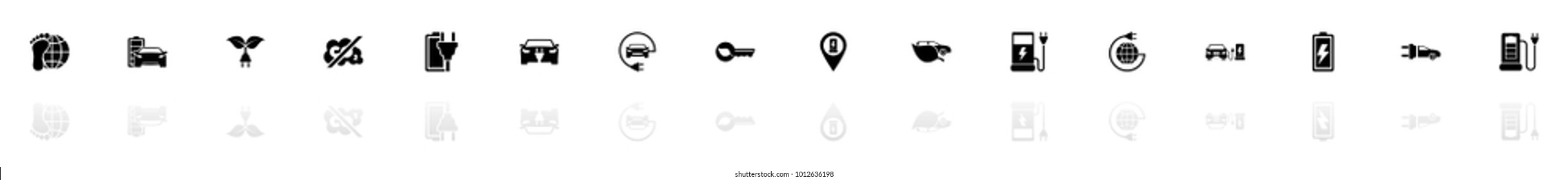 Electro Car icons - Black horizontal Illustration symbol on White Background with a mirror Shadow reflection. Flat Vector Icon.