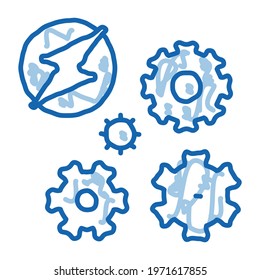 electro car lightning and gears sketch icon vector. Hand drawn blue doodle line art electro car lightning and gears sign. isolated symbol illustration