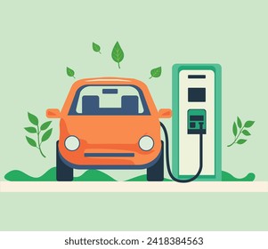 Electro car on charging station. Ecology. Flat vector illustration.