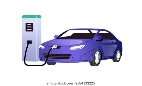 Electro car refuels on auto charger. Electric automobile recharges with electricity on charging station. Modern eco clean transport on sustainable fuel. Flat isolated vector illustration on white