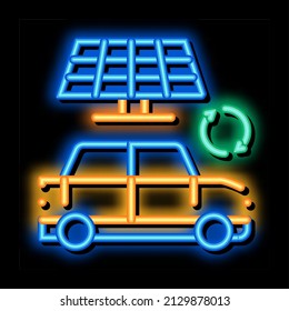 electro car solar panel neon light sign vector. Glowing bright icon electro car solar panel sign. transparent symbol illustration