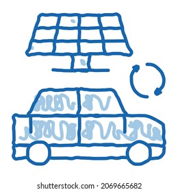 vector de icono de esbozo del panel solar del coche electro. Señal del panel solar de la línea de doodle azul dibujada a mano. ilustración de símbolo aislado