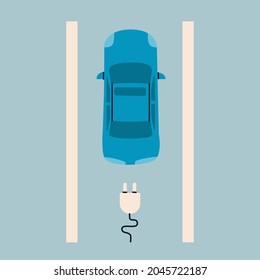 Electro car top view. Charging icon.