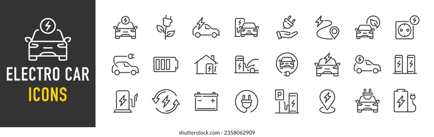 Electro Car web icons in line style. Logistic, electrical, charger, charging station, battery, eco transport ,collection. Vector illustration.