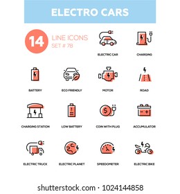 Electro cars - line design icons set. High quality pictograms. Charging, battery, eco-friendly, motor, road, station, low battery, coin with plug, accumulator, truck, planet, speedometer, bike
