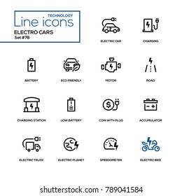 Electro cars - line design icons set. High quality black pictograms. Charging, battery, eco-friendly, motor, road, station, low battery, coin with plug, accumulator, truck, planet, speedometer, bike