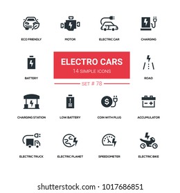 Electro cars - line design silhouette icons set. High quality black pictograms. Charging, battery, eco-friendly, motor, road, station, low battery, accumulator, truck, planet, speedometer, bike