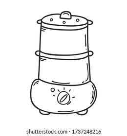 Electro cooker, double boiler.Doodle. Home appliances for cooking steamed.Design element for the design of menus, recipes, packaging for food. Hand drawn and isolated on white. Black and white vector.