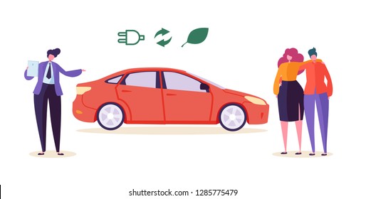 Electro Eco Car Seller Sell Auto Couple. Man Woman Character Buy Ecology Friendly Transport Vehicle. Environment Pollution Preserve Technology Automobile Business Flat Cartoon Vector Illustration