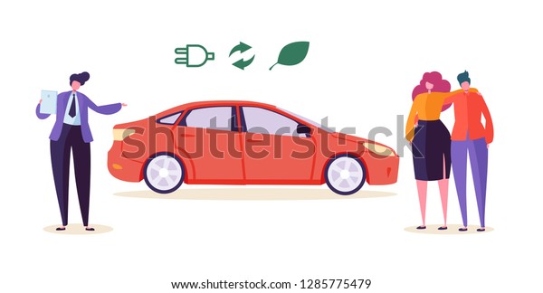 Electro Eco Car Seller Sell Auto Couple. Man\
Woman Character Buy Ecology Friendly Transport Vehicle. Environment\
Pollution Preserve Technology Automobile Business Flat Cartoon\
Vector Illustration