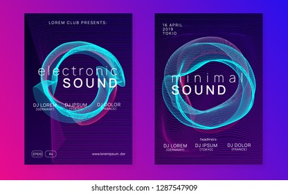 Electro event. Bright discotheque banner set. Dynamic gradient shape and line. Electro event neon flyer. Trance dance music. Electronic sound. Club fest poster. Techno dj party.