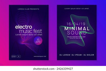 Electro event. Cool discotheque cover set. Dynamic fluid shape and line. Electro event neon flyer. Trance dance music. Electronic sound. Club fest poster. Techno dj party.