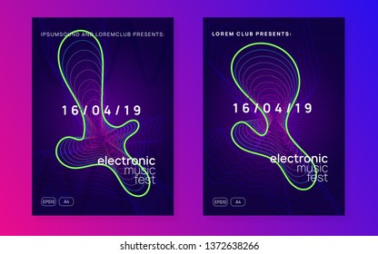 Electro event. Cool show brochure set. Dynamic gradient shape and line. Electro event neon flyer. Trance dance music. Electronic sound. Club fest poster. Techno dj party.