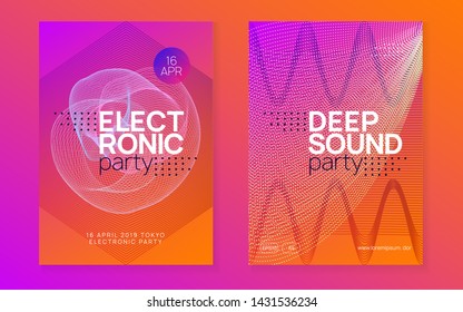 Electro event. Dynamic fluid shape and line. Trendy concert cover set. Electro event neon flyer. Trance dance music. Electronic sound. Club fest poster. Techno dj party.