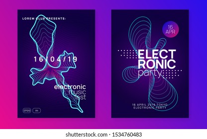 Electro event. Dynamic fluid shape and line. Curvy concert magazine set. Electro event neon flyer. Trance dance music. Electronic sound. Club fest poster. Techno dj party.