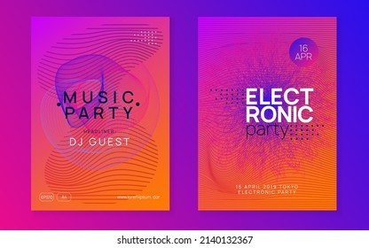 Electro event. Dynamic fluid shape and line. Creative concert cover set. Electro event neon flyer. Trance dance music. Electronic sound. Club fest poster. Techno dj party.