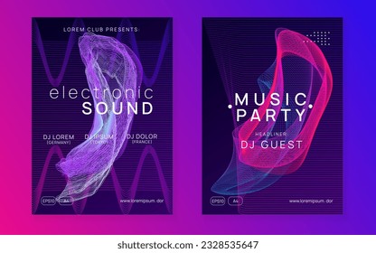 Electro event. Dynamic fluid shape and line. Bright discotheque cover set. Electro event neon flyer. Trance dance music. Electronic sound. Club fest poster. Techno dj party.