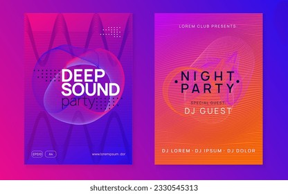 Electro event. Dynamic fluid shape and line. Geometric discotheque brochure set. Electro event neon flyer. Trance dance music. Electronic sound. Club fest poster. Techno dj party.