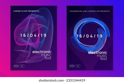 Electro event. Dynamic fluid shape and line. Minimal discotheque banner set. Electro event neon flyer. Trance dance music. Electronic sound. Club fest poster. Techno dj party.