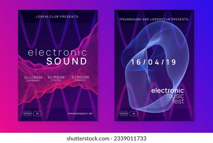 Electro event. Dynamic fluid shape and line. Modern show brochure set. Electro event neon flyer. Trance dance music. Electronic sound. Club fest poster. Techno dj party.