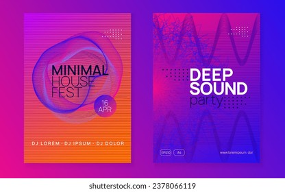 Electro event. Dynamic fluid shape and line. Wavy concert invitation set. Electro event neon flyer. Trance dance music. Electronic sound. Club fest poster. Techno dj party.