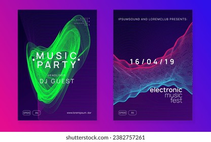 Electro event. Dynamic fluid shape and line. Digital show cover set. Electro event neon flyer. Trance dance music. Electronic sound. Club fest poster. Techno dj party.