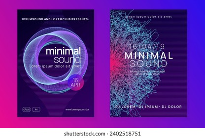 Electro event. Dynamic fluid shape and line. Geometric concert invitation set. Electro event neon flyer. Trance dance music. Electronic sound. Club fest poster. Techno dj party.