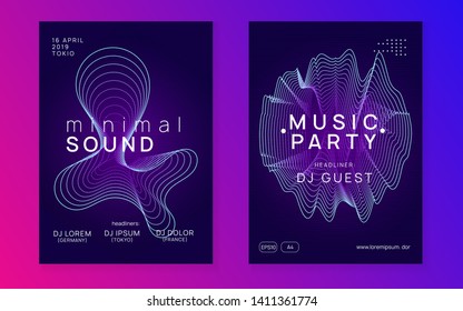 Electro event. Dynamic gradient shape and line. Geometric show invitation set. Electro event neon flyer. Trance dance music. Electronic sound. Club fest poster. Techno dj party.